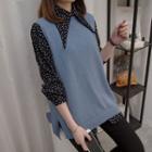 Dotted Blouse / Lace-up Back Knit Vest / Set