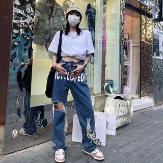 High-waist Lettering Distressed Jeans