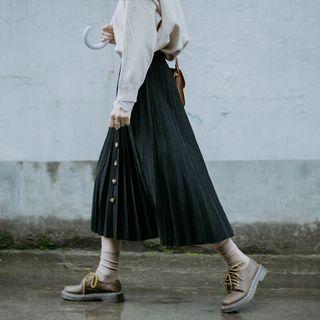 Button Midi A-line Pleated Skirt