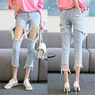 Cutout-detail Distressed Slim-fit Jeans