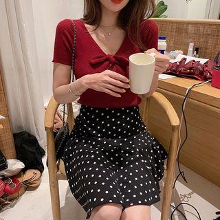 Set: Short-sleeve Top + Polka Dot A-line Mini Skirt