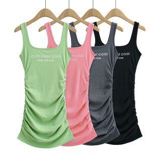Sleeveless Lettering Shirred Ribbed Bodycon Dress