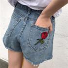 High-waisted Loose-fit Embroidered Denim Shorts