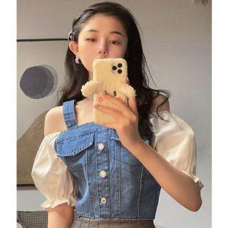 Short-sleeve Denim Panel Blouse
