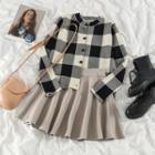 Long-sleeve Checked Blouse / Knit Mini A-line Skirt