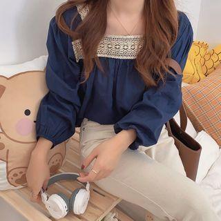Puff Sleeve Square Neck Lace Panel Top