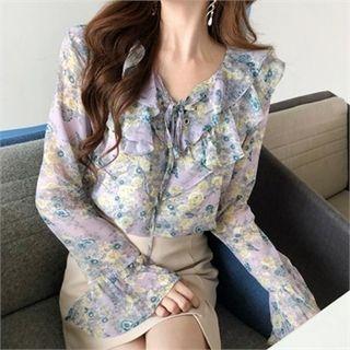 Lace-up Front Ruffled Floral Print Top Purple - One Size