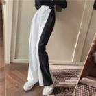 Long-sleeve Plain Slim-fit Top / High-waist Two-tone Pants