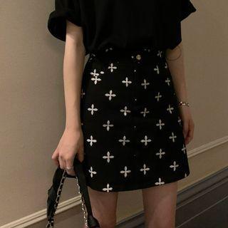 Cross Print Denim Mini A-line Skirt