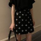 Cross Print Denim Mini A-line Skirt