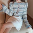 Ruffled Striped Rib Knit Cardigan / Furry A-line Mini Skirt