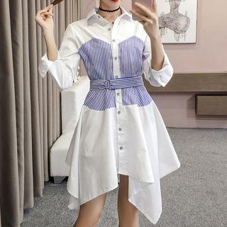 Long-sleeve Striped Panel Asymmetrical Shirt Dress