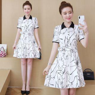Patterned Short-sleeve A-line Chiffon Shirtdress