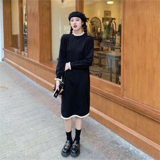 Mock-neck Knit Long-sleeve Dress Black - One Size