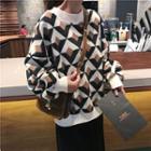Geometric Print Sweater / Plain Midi Skirt