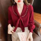 Long-sleeve Tie-neck Beaded Blouse