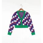 Plaid V-neck Long Sleeve Cropped Cardigan Purple - One Size