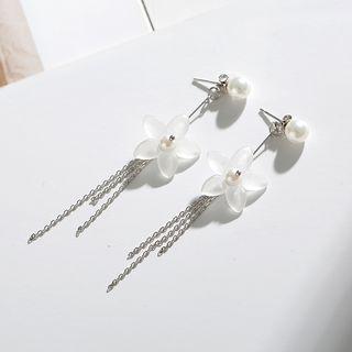 925 Sterling Silver Faux Pearl Flower Fringed Earring 1 Pair - One Size