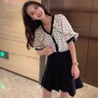 Short-sleeve Polka Dot Ruffled Buttoned Top / A-line Mini Pleated Skirt