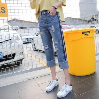 Contrast Trim Ripped Capri Jeans