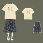 Short-sleeve Printed Shirt / Midi A-line Floral Skirt