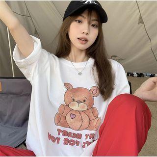 Short Sleeve Bear Print T-shirt Letter Embroidery - Normal - White - One Size