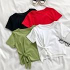 Plain Crewneck Lace-up Short-sleeve T-shirt