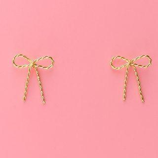 Ribbon Ear Stud 1 Pair - Ribbon 925 Sterling Silver Pin Stud Earring - Gold - One Size