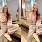 Drop-shoulder Faux-fur Cropped Hoodie Light Pink - One Size
