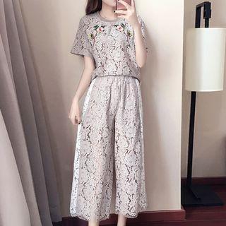 Set: Flower Embroidered Lace Short Sleeve Top + Cropped Wide Leg Pants