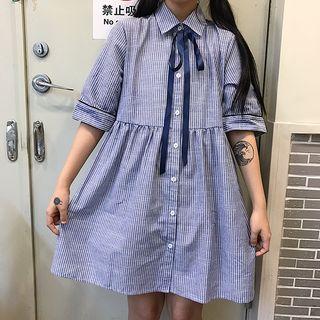 Elbow-sleeve Pinstriped Shirt Dress