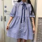 Elbow-sleeve Pinstriped Shirt Dress