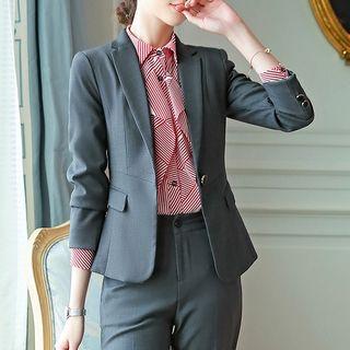 Set: Slim-fit Dress Pants + Mini Pencil Skirt + Striped Shirt + Buttoned Blazer