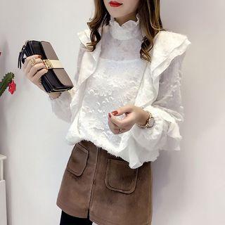 Mock-neck Ruffle Trim Long-sleeve Lace Top