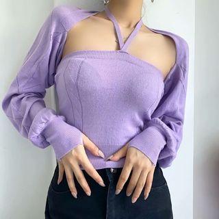 Set: Open Front Cardigan + Knit Halter Top