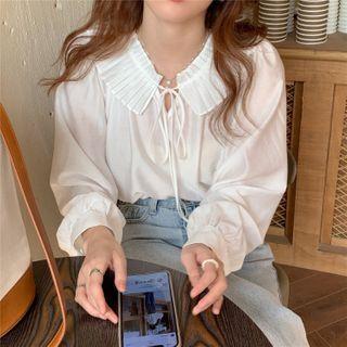 Long-sleeve Frill Trim Tie-neck Blouse White - One Size
