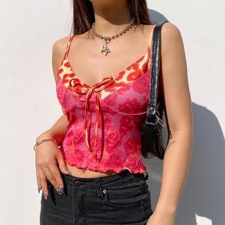 Floral Print Ruffle-trim Sleeveless Crop Camisole Top