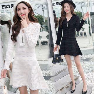 Fringed Trim Long-sleeve Mini A-line Dress