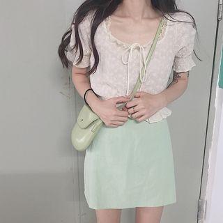 Lace-trim Short-sleeve Blouse Almond - One Size