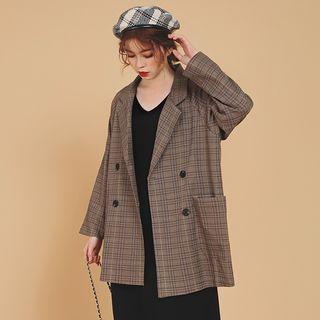 Plaid Double-breasted Blazer Khaki - One Size