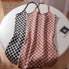 Halter-neck Checkerboard Knit Mini Sheath Dress
