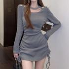 Long-sleeve Cutout Drawstring Knit Mini Sheath Dress