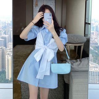 Set: Bow-accent Sleeveless Top + Short-sleeve Shirtdress Blue - One Size