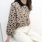 Leopard Pattern 3/4-sleeve Collared Sweater