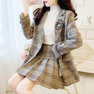 Mini Plaid Pleated Skirt / Plaid Blazer / Mock Neck Knit Top / Set