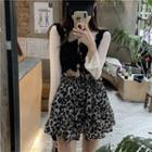 Long-sleeve Lace Top / Leopard Print Skirt / Sleeveless Top