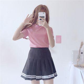 Mock-neck Striped Short-sleeve T-shirt