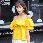 Plain Ruffle Trim Off Shoulder Short Sleeve Top