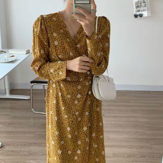 Long-sleeve Floral Print Wrap Midi Dress Yellow - One Size