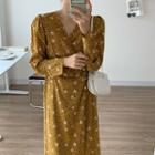 Long-sleeve Floral Print Wrap Midi Dress Yellow - One Size